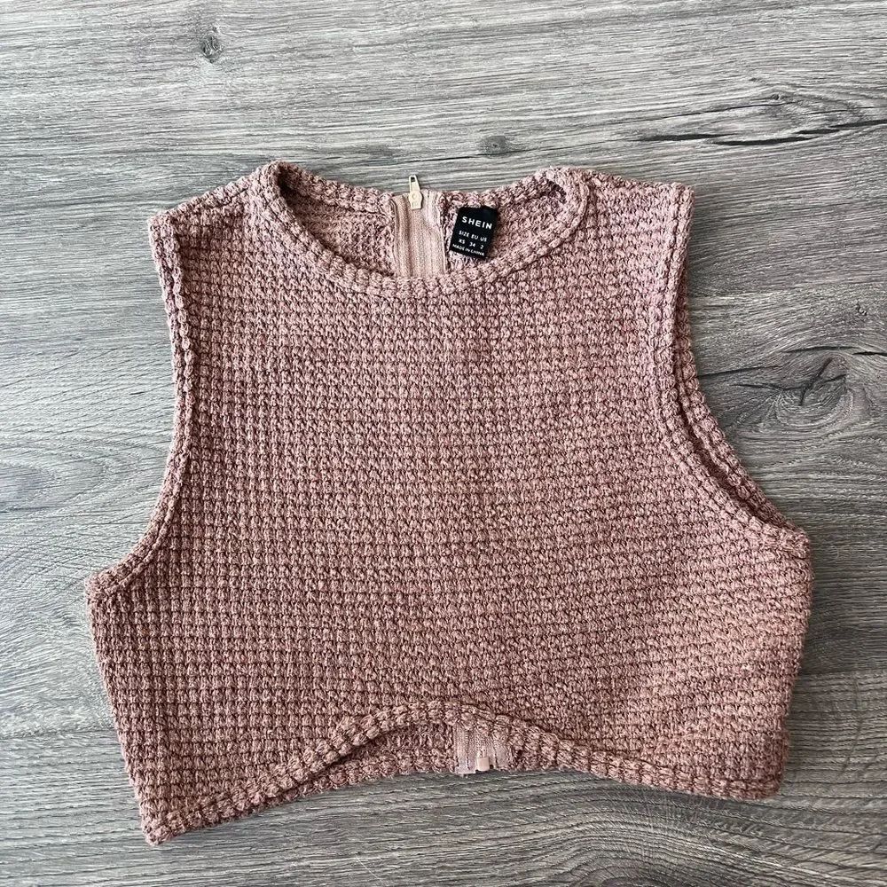 SHEIN Size Small Waffle Knit Crop Tank Top Womens Sleeveless Slim Back-Zip Brown
